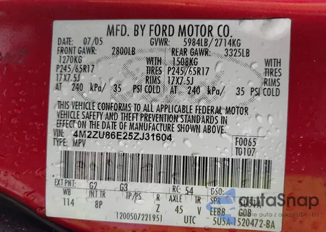 2005 Mercury Mountaineer из США, поврежденный, VIN 4M2ZU86E25ZJ31604